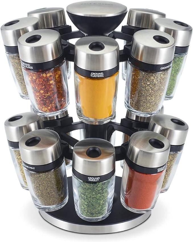 Cole & Mason 16 Herb & Spice Carousel - Rotating Spice Rack - Metal Two-Tier Organizer - Lazy Susan Style - Stainless Steel/Black, 10 inch