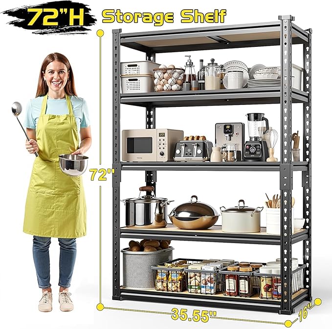 TigerParty 2050LBS Heavy Duty Garage Shelving, 5-Tier Adjustable Storage Shelves, Metal Shelving Unit and Storage Rack for Pantry, Basement, Warehouse, 72" H x 36" W x 16" D, MDF Borad