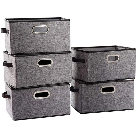 PRANDOM Larger Collapsible Storage Bins for Closet [5-pack] Decorative Linen Fabric Storage Baskets Cubes with Leather/Metal Handles for Living Room Grey (17.3x12.2x10.4 Inch)