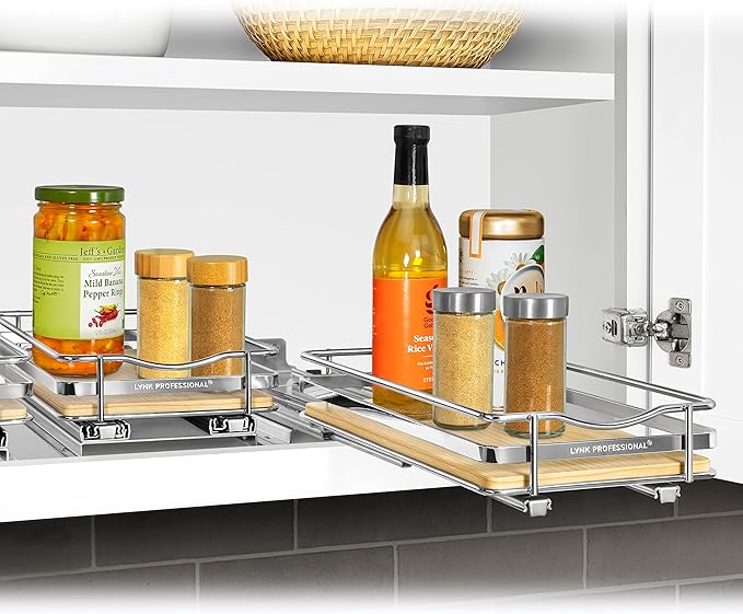 LYNK PROFESSIONAL® Élite™ Pull Out Spice Rack Organizer for Inside Kitchen Cabinets - 6-1/4 inch Wide - Slide Out Drawer – Wood/Chrome Sliding Spice Cabinet Organization Shelf Racks - 1 Tier