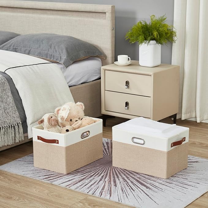 Large Collapsible Fabric Storage Bins with 3 Handles, Foldable Organizer Baskets for Closet, Shelves, Living Room | 3 Pack, Durable PU & Metal Handles (14.9"x9.8"x9.8", Beige & White)
