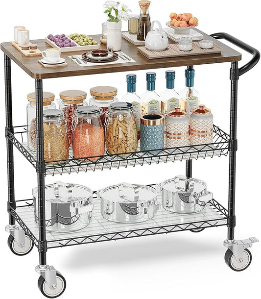 Leteuke Rolling Kitchen Carts with Wheels, 34" L x 17.5" W, 3-Tier Heavy Duty Utility Cart with Wood Tabletop, NSF Commercial Metal Serving Cart with Handle and Shelf Liner for Kitchen, Black