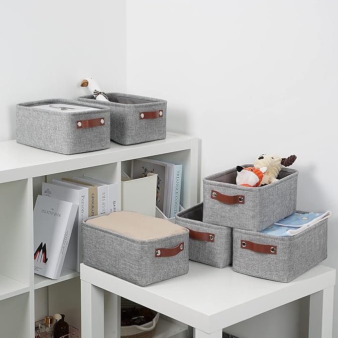 DULLEMELO Small Storage Baskets 11.8"x7.9"x5.1", Fabric Storage Bins for Shelves,Closets,Nursery,Home,Office [3 Pack], Collapsible Storage Baskets with Leather Handles (Gray)