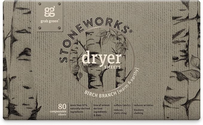 Grab Green Stoneworks Laundry Detergent Pods and Dryer Sheet Bundle, 50 Count Pods and 80 Dryer Sheets, Birch Branch Scent, Plant and Mineral Based Laundry Care Set