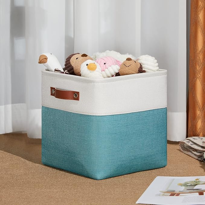 DULLEMELO Foldable Storage Cubes 11 x 11 Organizer Bins,Canvas Storage Bins Empty Gift Baskets for Organizing with SturdyLeather Handles, Closet Baskets for Nursery Storage(4 Pack - 11" White&Teal)