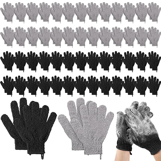 104 Pcs Exfoliating Glove Bulk Shower Gloves with Hanging Loop Exfoliating Body Scrubber Dead Skin Remover for Body Bath Beauty Spa Massage Scrubs Men Women Bathing(Black,Grey)