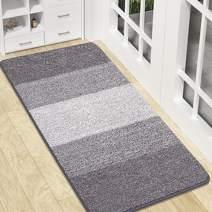 Kitinjoy Indoor Outdoor Door Mat, 47x20 Non-Slip Absorbent Dirt Trapper, Low-Profile Washable Inside Entrance Front Floor Mat, Sturdy Soft Entry Doormats for Entryway, Light Grey