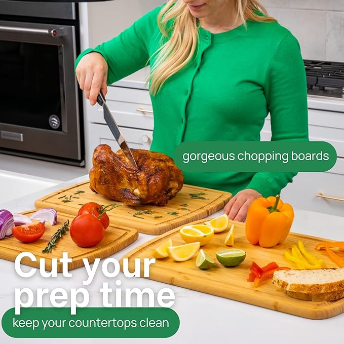 Wood Cutting Boards for Kitchen for Chopping Vegetables, Carving Meat, Slicing Bread and Serving Charcuterie for Meal Time Prep, Holiday Gatherings, and Hosting Parties - Ideal for Home Chefs