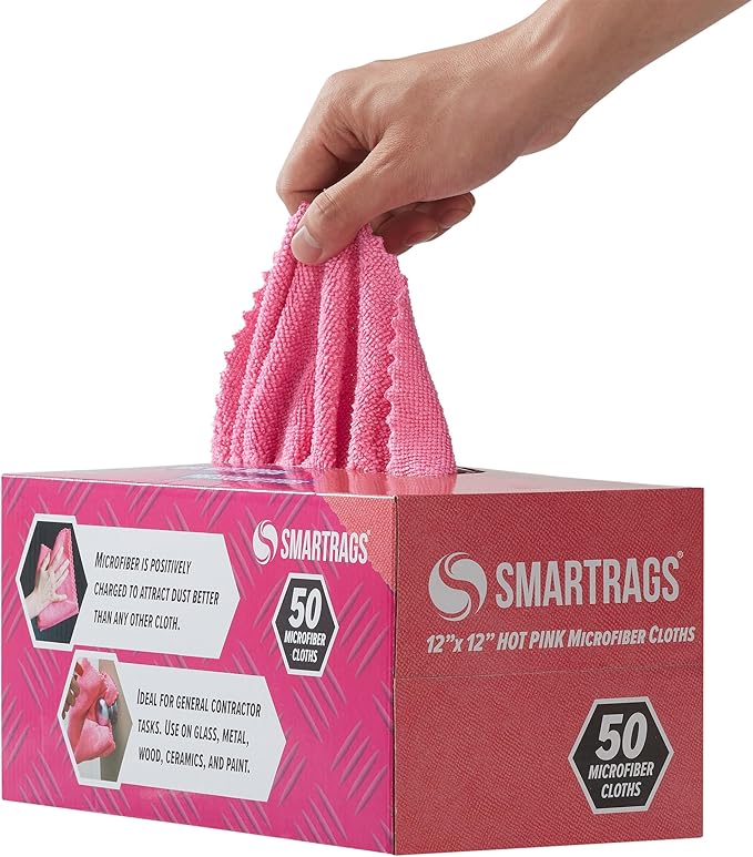 Arkwright Smart Rags in Box - (Pack of 50) Lint Free Microfiber Cleaning Cloth, Scratch & Streak-Free, Dispensable Wash Towels for Cars, Window Glass, and Auto Shop, 12 x 12 in, Pink