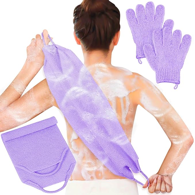 Anezus Exfoliating Back Scrubber Bath Gloves Set, Exfoliating Shower Towel with Shower Gloves for Body Scrub, Back Cleaner Wash Gloves to Remove Dead Skin (Purple)