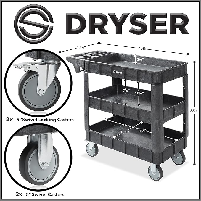 Dryser Utility Cart with Wheels, 40" x 17" Heavy Duty 550 lb. Capacity with Shelves - 3 Tier Rolling Cart with Two 5" Swivel Casters for Warehouse, Garage, Cleaning