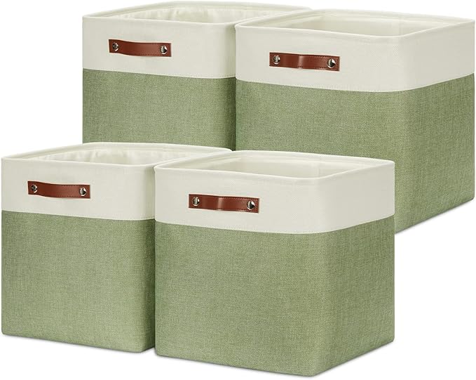 DULLEMELO Storage Baskets for Organizing, Linen Closet Organizers and Storage Baskets for Dog Toy Box, 13 Inch Decorative Cube Storage Bins with handle for Baby Gift Basket(4 Pack - 13" White&Green)