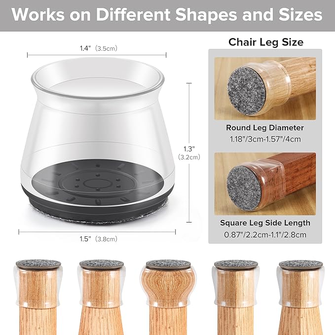 24PCS Upgraded Silicone Chair Leg Floor Protectors for Hardwood Floors, Furniture Sliders for Chair Legs, Felt Bottom Furniture Pads, Anti-Slip Round&Square Cap Covers to Scratch and Reduce Noise