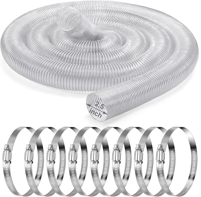 2.5 inches 30 ft PVC Dust Collection Hose with Stainless Steel Clamps Set Flexible Clear Vacuum Puncture Resistant Fume Hose for Vacuums Cleaner Fume Dust Collection System