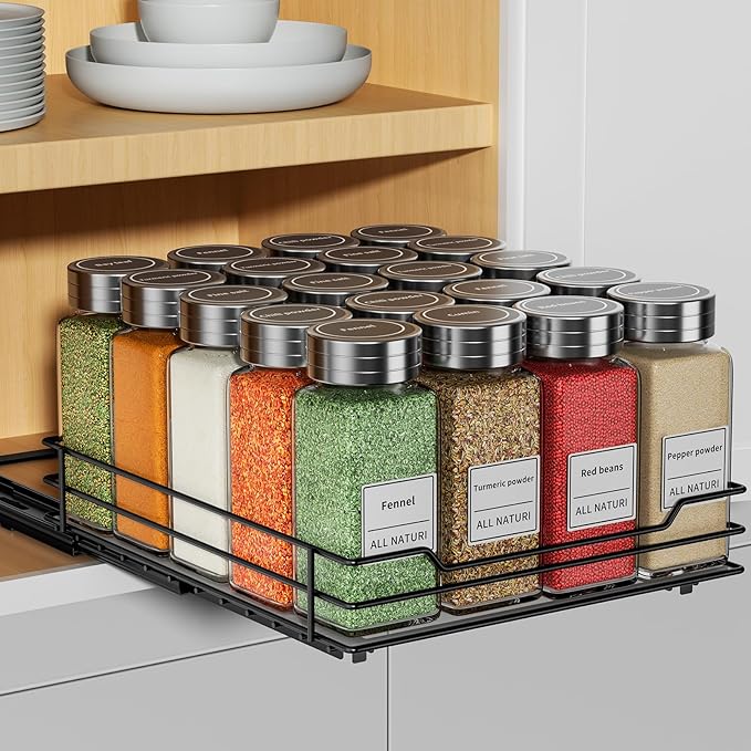RCHYFEED Pull Out Spice Rack Organizer for Cabinet,Slide out Spice Organizer for Inside Cabinets,Heavy Duty Spice Organization for Kitchen and Pantry,Seasoning,Sauces(1-Tier,8.5" Wx10.5 Dx2.5 H)