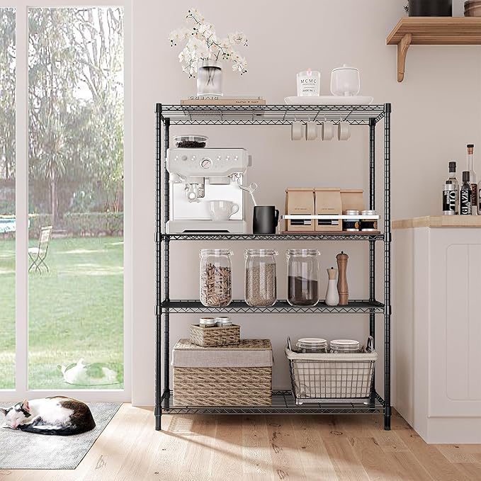 IZEUK 1400 LBS Garage Black Shelving Wide Storage Shelves 4 Tier Adjustable Heavy Duty Metal Wire Rack Standing Shelf Unit for Kitchen Office College Dorm Garage Warehouse 15.8" x 45.8"x 59.4"