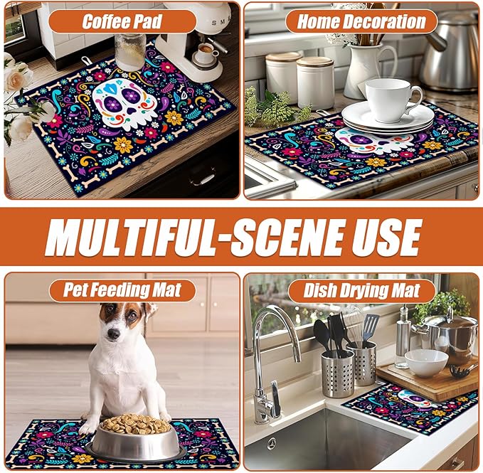 Sugar Skull Dish Drying Mat for Kitchen Counter Microfiber Absorbent Dish Day of the Dead Kitchen Drying Mat Draining Reusable Washable for Dishes/Utensils/Counterto