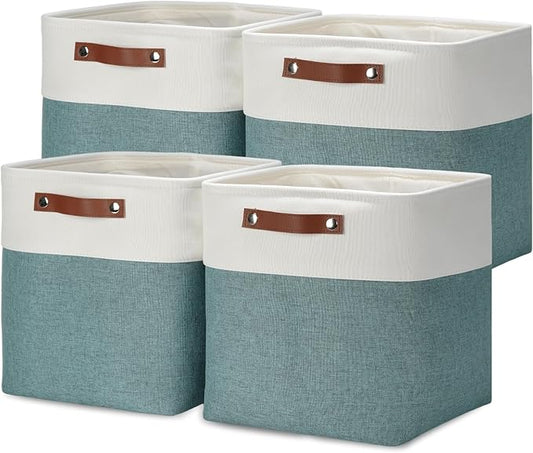 DULLEMELO Set Of 4 Cube Storage Bins, Fabric Storage Basket for Shelves Closet Nursery Toy Storage, 12 inch Fabric Storage Cubes Bins Canvas Organization Baskets (White&Deep Green)