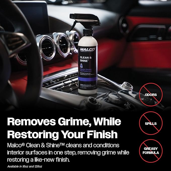 Malco Clean & Shine Interior Car Cleaner and Dressing – Restore Leather, Plastic and Vinyl Surfaces in Your Vehicle/Clean, Condition and Protect in 1 Simple Step / 16 oz. (125916)