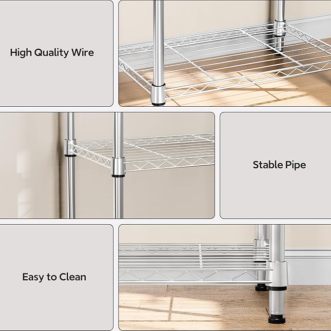 5 Tiers Shelf Metal Storage Shelves Wire Rack Closet Organizers with Wheel for Garage Kitchen Bathroom Laundry Chrome 11.8" D x 17.7" W x 55" H