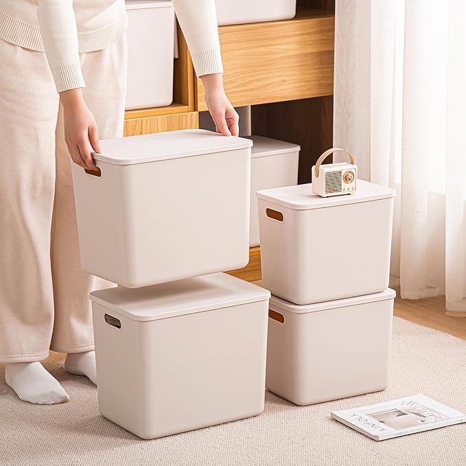 Plastic Storage Bins with lids,Storage Baskets,Container with handle,Storage Organizer Bins for Shelves,Office,Bedrooms,Closets, Cabinets(Grey，5XL+2L)