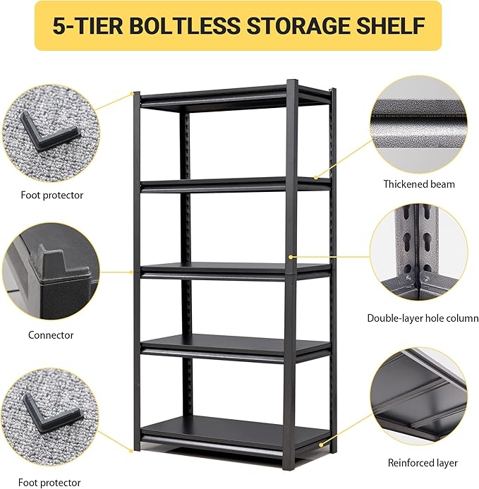 63" H Heavy Duty Garage Shelving, Metal Storage Shelves, Adjustable 5 Tier Metal Shelving Unit, Industrial Utility Rack for Garage, Warehouse, Workshop, 16" D×31.5" W×63" H, Black