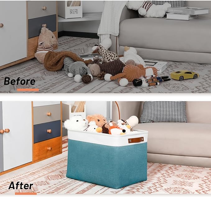 DULLEMELO Large Storage Basket, Collapsible Storage Bins Decorative Storage Baskets for Home Shelves Bedroom, Linen Fabric Basket with Leather Handles for Toys Books Organizing(White&Teal