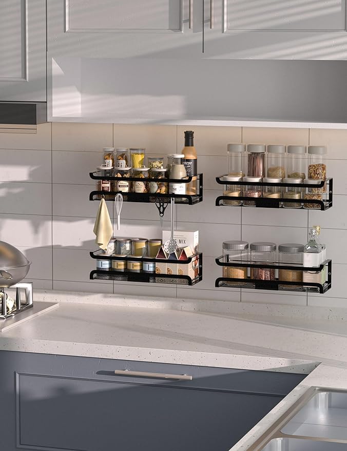 Spice Rack Wall Mount with Hooks - Spice Racks Organizer for Cabinet Storage, Wall Mounted Hanging Shelf Seasoning Organizer, for Kitchen, Pantry Door, Bathroom (Black, 2 Pack)