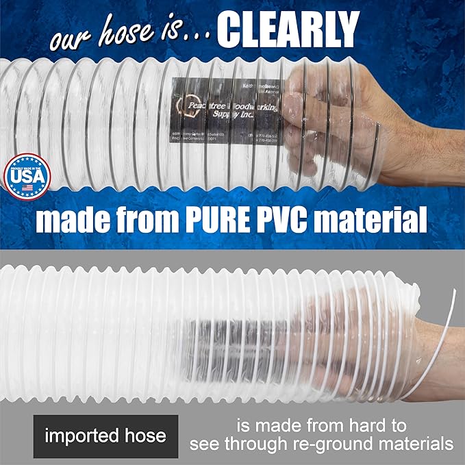 PVC Dust Collection Hose w/4 Thumbscrew Clamps, Puncture Resistant, Carbon Steel Wire, Clear Flexible PVC Dust Collector Hose, Proudly Made in USA (4" x 50')