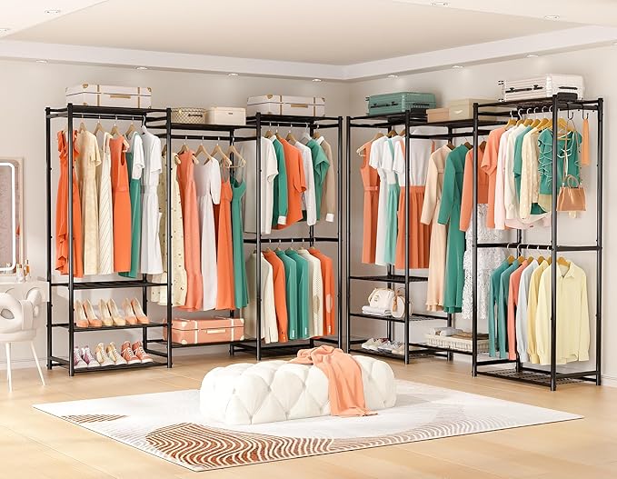 Wardrobe Closet Heavy Duty Clothes Rack, Portable Closet Organizer System with 4 Hang Rods & 8 Shelves, Metal Clothing Rack Garment Rack for Hanging Clothes, Max Load 890 LBS