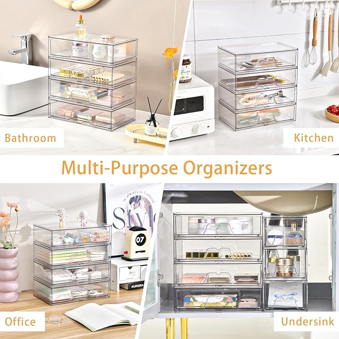 3 Pack Stackable Makeup Organizer, 12.1''L Acrylic Bathroom Organizer and Storage Undersink Drawer, Cosmetics and Beauty Supplies,Clear Plastic Storage Bins for Vanity,Pantry,Desk,Cabinet,Kitchen