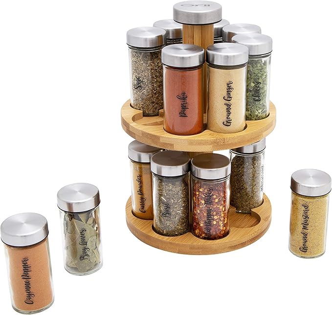 Orii 16 Jar Spice Rack with Spices Included - Rotating Countertop 2 Tier Tower Organizer for Kitchen Spices and Seasonings, (Bamboo Wood)