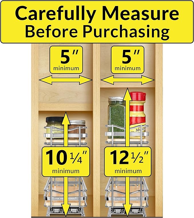LYNK PROFESSIONAL® Élite™ Pull Out Spice Rack Organizer for Inside Kitchen Cabinets - 4-1/4 inch Wide - Slide Out Drawer – Wood/Chrome Sliding Spice Cabinet Organization Shelf Racks - 2 Tier