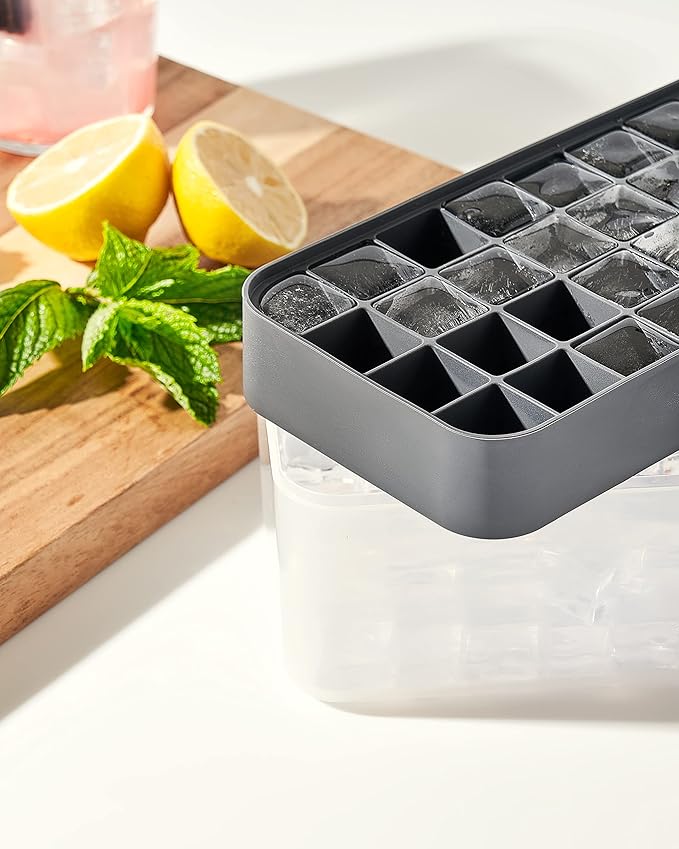 W&P Ice Box Silicone Ice Cube Tray with Lid, Holds 96 Cubes, Space-Saving Stackable Design, Dishwasher Safe, Charcoal
