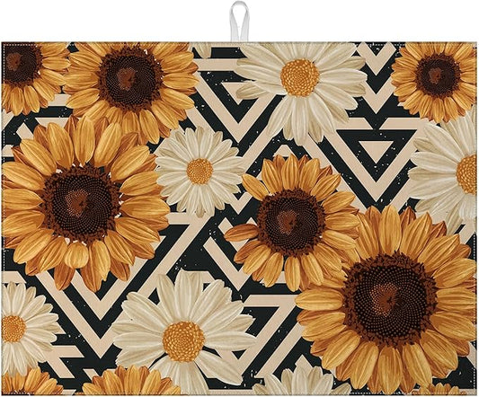 Vintage Sunflower Daisy Dish Drying Mat for Kitchen Counter Microfiber Absorbent Dish Kitchen Drying Mat Draining Reusable Washable for Dishes/Utensils/Counterto