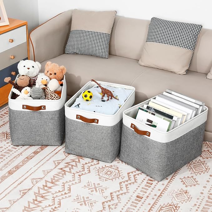 DULLEMELO Large Storage Baskets, Fabric Storage Basket with Leather Handles for Shelves Closet Nursery Toy Storage, Collapsible Fabric Baskets for Toy Book Magazine Towel Organizers(White&Gray)
