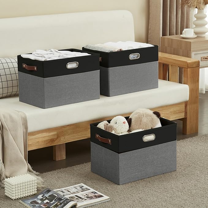 Large Collapsible Fabric Storage Bins with 3 Handles, Foldable Organizer Baskets for Closet, Shelves, Living Room | 3 Pack, Durable PU & Metal Handles (17"x11.8"x11.8", Black & Gray)