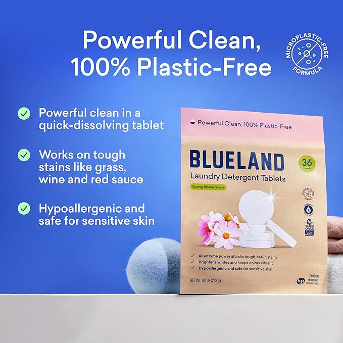 BLUELAND Laundry Detergent Tablets, 120 Count, Spring Bloom Scent, Plastic-Free Eco-Friendly Pods, Sheets, Liquid Alternative - Safe for Sensitive Skin, Gentle