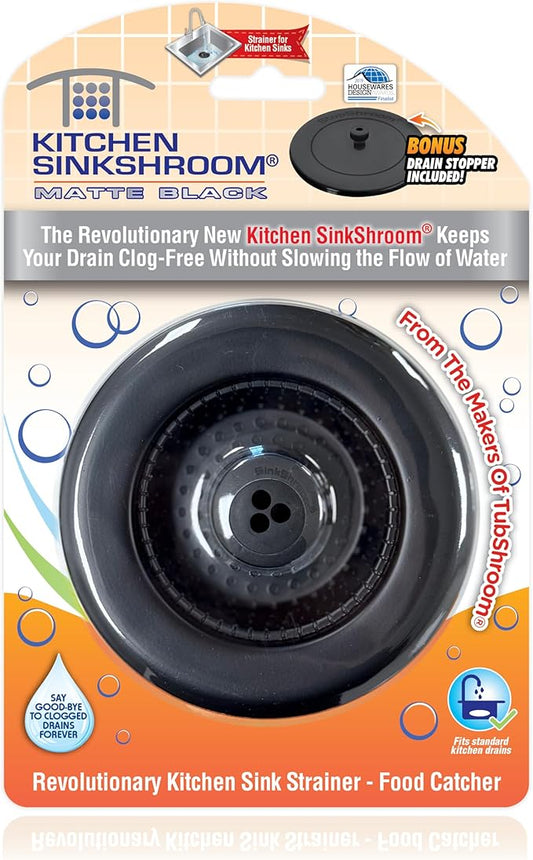 Kitchen SinkShroom Clog-Free Kitchen Sink Drain Strainer with Stopper - Sink Protector for Kitchen Sink, Stainless Steel, Matte Black