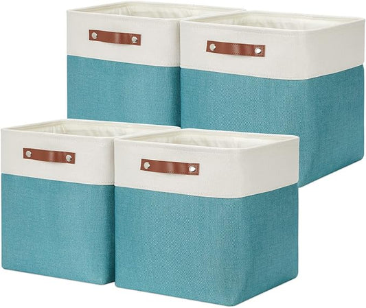 DULLEMELO Square Storage Cubes Baskets for Gifts Empty, 12 inch Cube Stroage Bins Linen Closet Organizers and Storage Baskets for Toy Nursery Shelves Bedroom Storage(4 Pack - 12" White&Teal)
