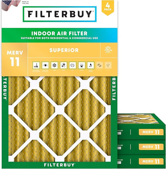 Filterbuy 20x22x2 Air Filter MERV 11 (MPR 1200) Allergen Defense Replacement (4-Pack), Electrostatic Pleated HVAC AC Furnace Filters, Made in USA (Actual Size: 19.50 x 21.50 x 1.75)