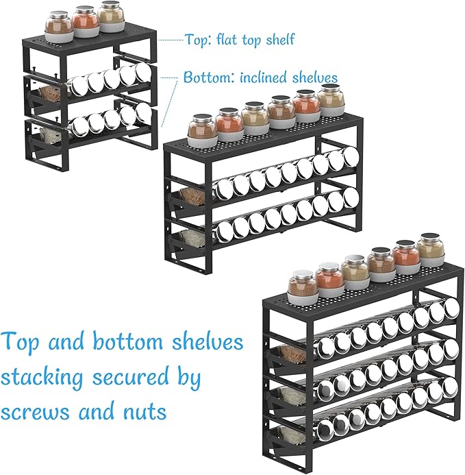 Expandable, Stackable, Adjustable Spice Rack kitchen Organizer,Metal Pantry Storage Shelves - Multi-Tier Shelf for Cabinet, Countertop, Pantries, Cupboard or Wall Mount,Black
