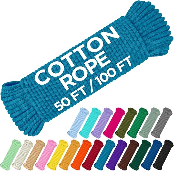 TECEUM Cotton Rope 3/16” (5 mm) – 50 FT – Strong All-Purpose Braided Rope – Natural Cotton – for Crafting, Сamping, Clothes Line, DIY, Indoor & Outdoor Use – Sky Blue