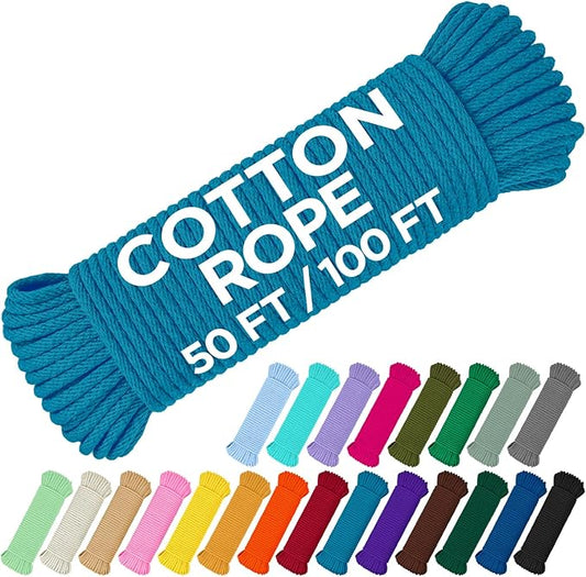 TECEUM Cotton Rope 3/16” (5 mm) – 100 FT – Strong All-Purpose Braided Rope – Natural Cotton – for Crafting, Сamping, Clothes Line, DIY, Indoor & Outdoor Use – Sky Blue
