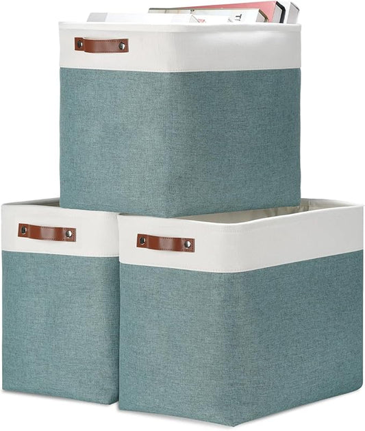 DULLEMELO Large Rectangular Baskets for Blankets 51L Canvas Storage Baskets for Organizing 3 Pack Collapsible Baskets Bins for Organizing Home Office with Handles (White&Deep Green)