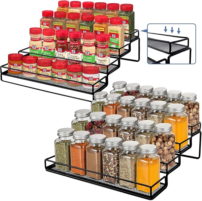 Spice Rack Organizer for Cabinet, 4 Tier Seasoning Organizer, Expandable Shelf,Step Storage Holder, Kitchen Cabinet Countertop,with Protection Railing, Metal (Black,4 Tier,2Pack)