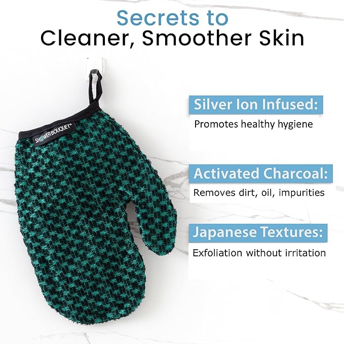 Japanese Exfoliating Mitt 2-Pack - Charcoal & Silver Ion Exfoliating Gloves for Shower - Soft Inner Fabric Gentle Exfoliation & Deep Cleansing Body Scrub Gloves for All Skin Types - 1 Blue, 1 Green