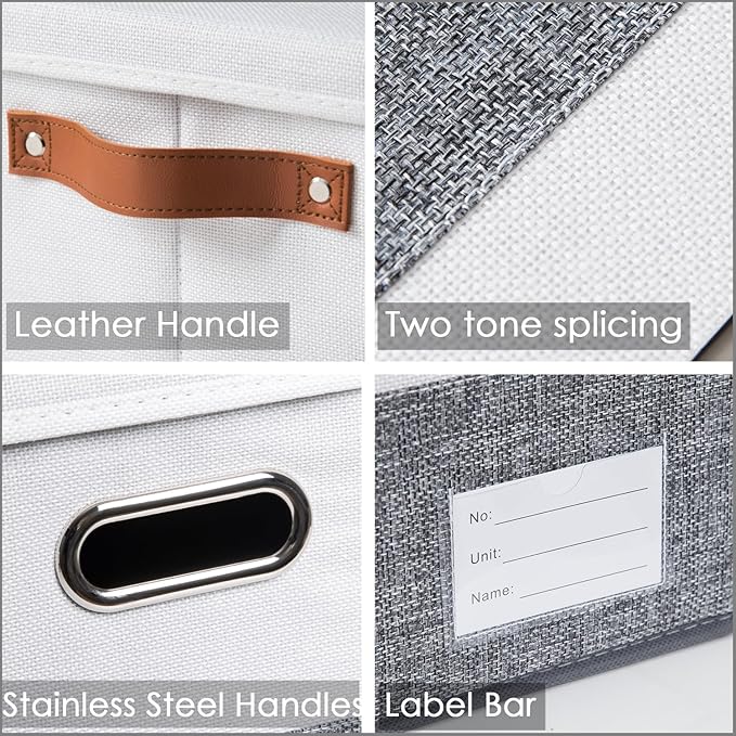 PRANDOM Foldable Storage Bins with Handles [3-Pack] Fabric Collapsible Storage Boxes Baskets Cubes Containers with Handles for Closet Living Room Bedroom (Grey & White 14.9x9.8x8.3'')