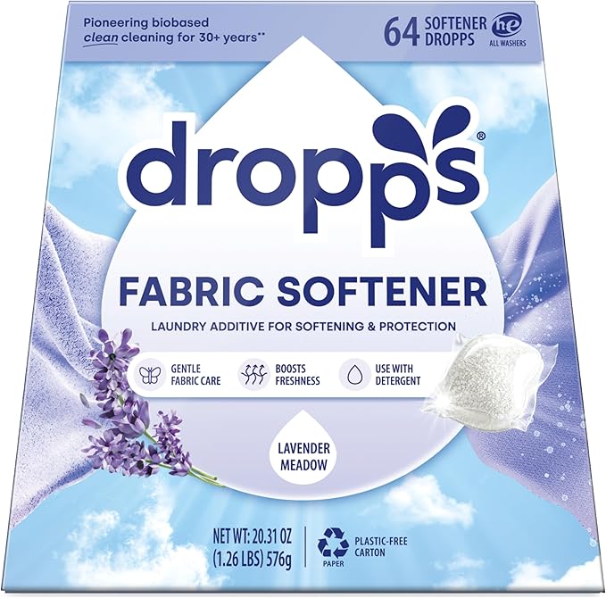 Dropps Laundry Fabric Softener Pods, Lavender Meadow (64 Pods) - Laundry Additive for Softening & Protection - HE Compatible Mineral Based Ingredients Laundry Supplies