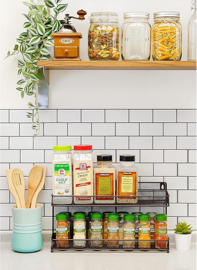 CAXXA 2 PK 2 Tier Mesh Kitchen Counter-top or Wall Mount Spice Rack Jars Storage Organizer, Bronze